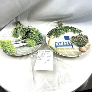 Lot of 2 Garden Bench Collection Plates 8"  blue white  pink flowers